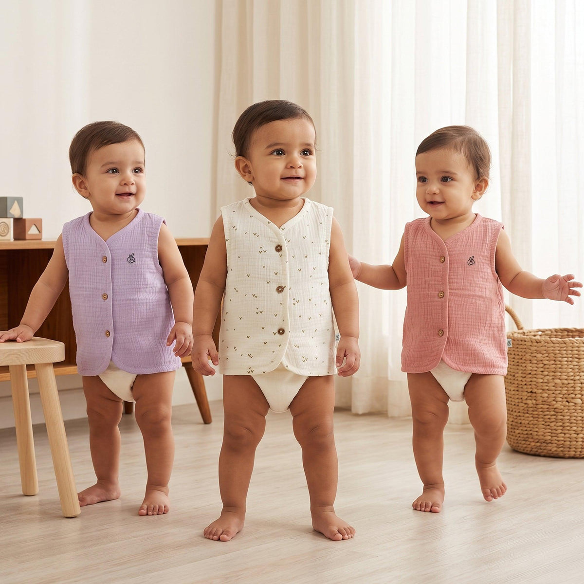 Pastelpops cotton crinkle front open vests, pack of 3