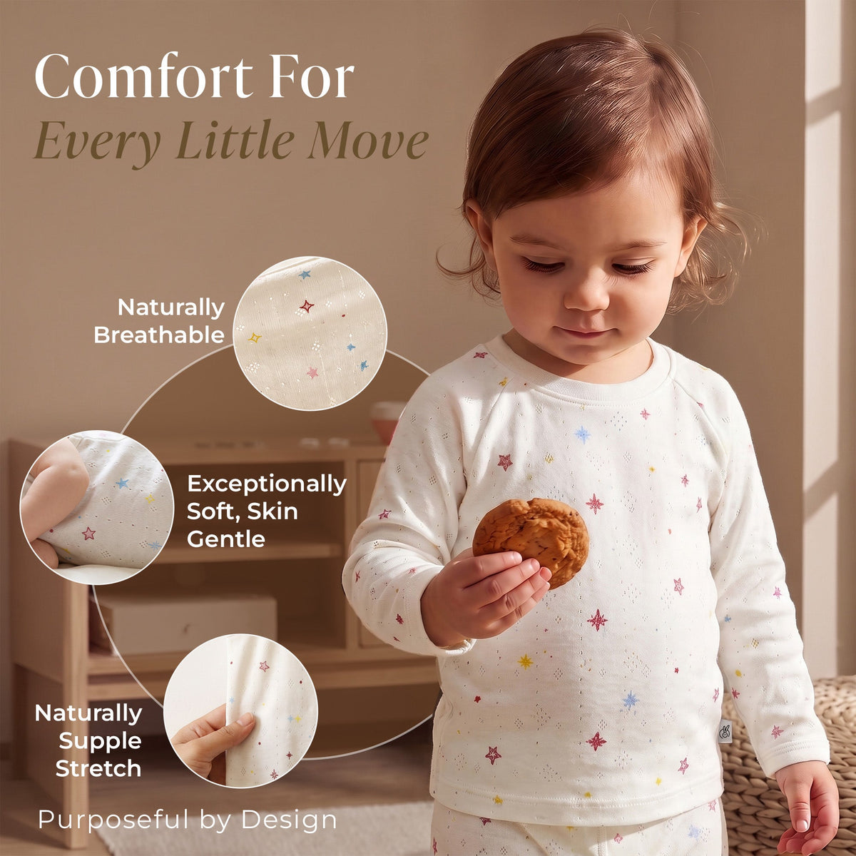 Mushmellow Off White Cotton Pointelle Top Bottom 2-Piece Set
