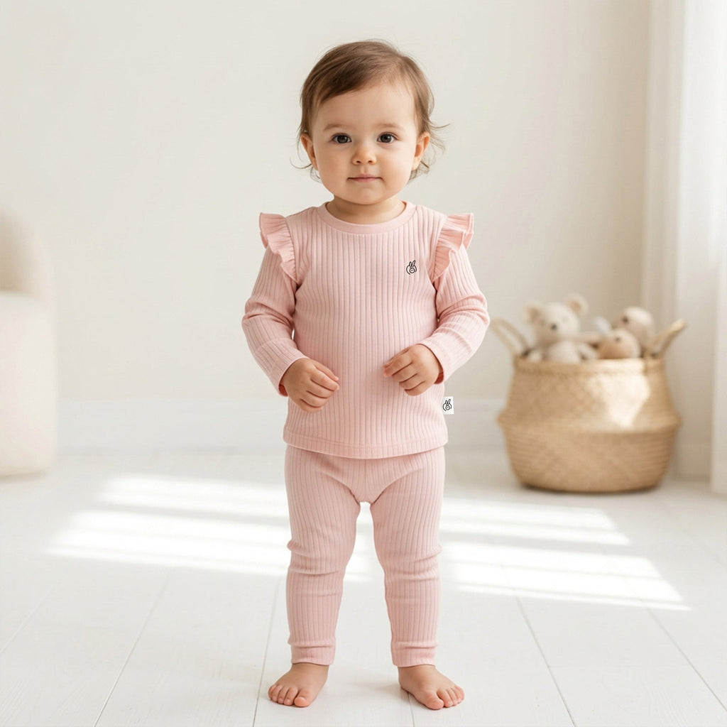 Cotton Drop Needle Full Sleeve Ruffled Top & Bottom Set Veiled Pink 0-2 Years 
