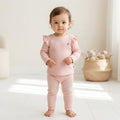 Cotton Drop Needle Full Sleeve Ruffled Top & Bottom Set Veiled Pink 0-2 Years 