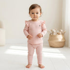 Cotton Drop Needle Full Sleeve Ruffled Top & Bottom Set Veiled Pink 0-2 Years 