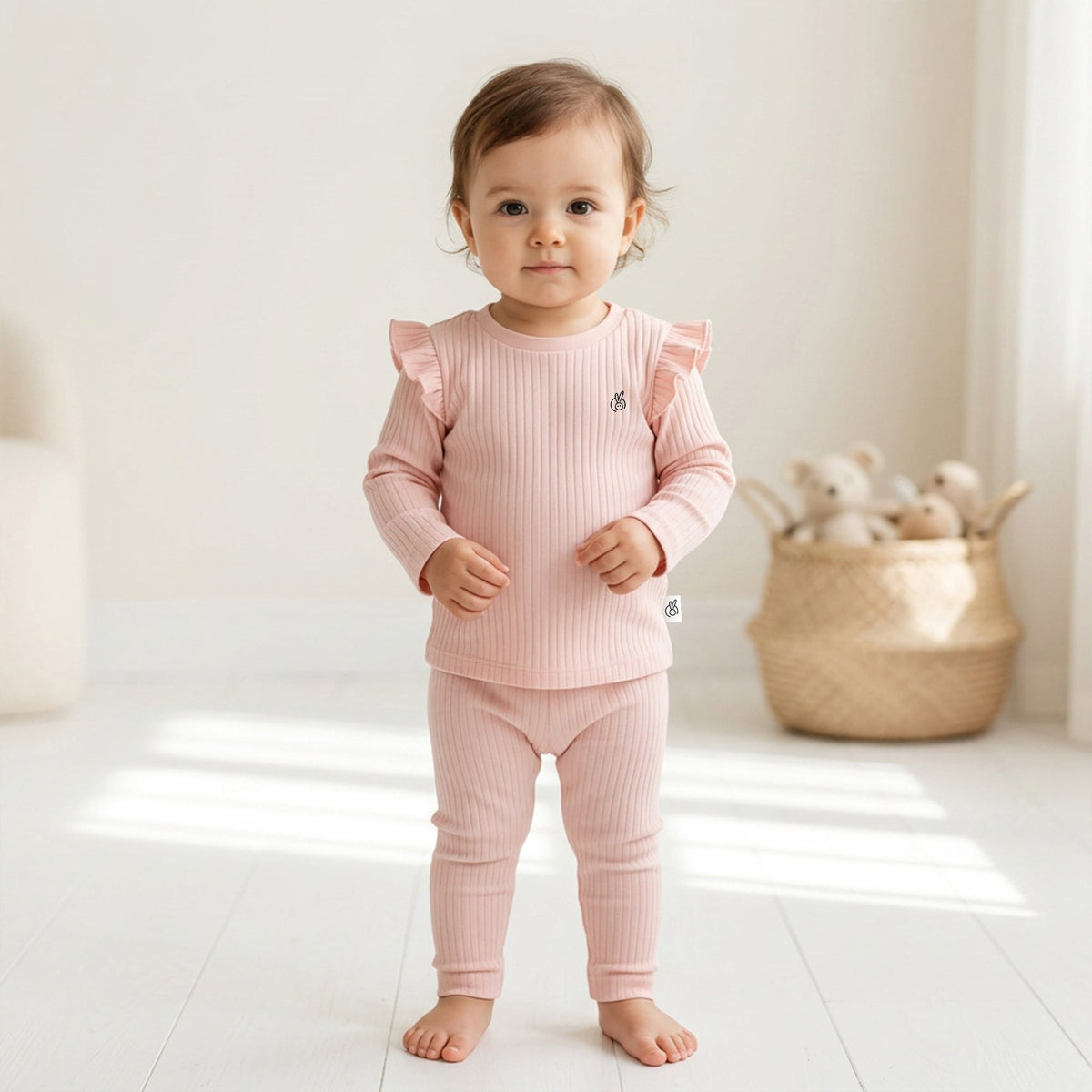 Cotton Drop Needle Full Sleeve Ruffled Top & Bottom Set Veiled Pink 0-2 Years 