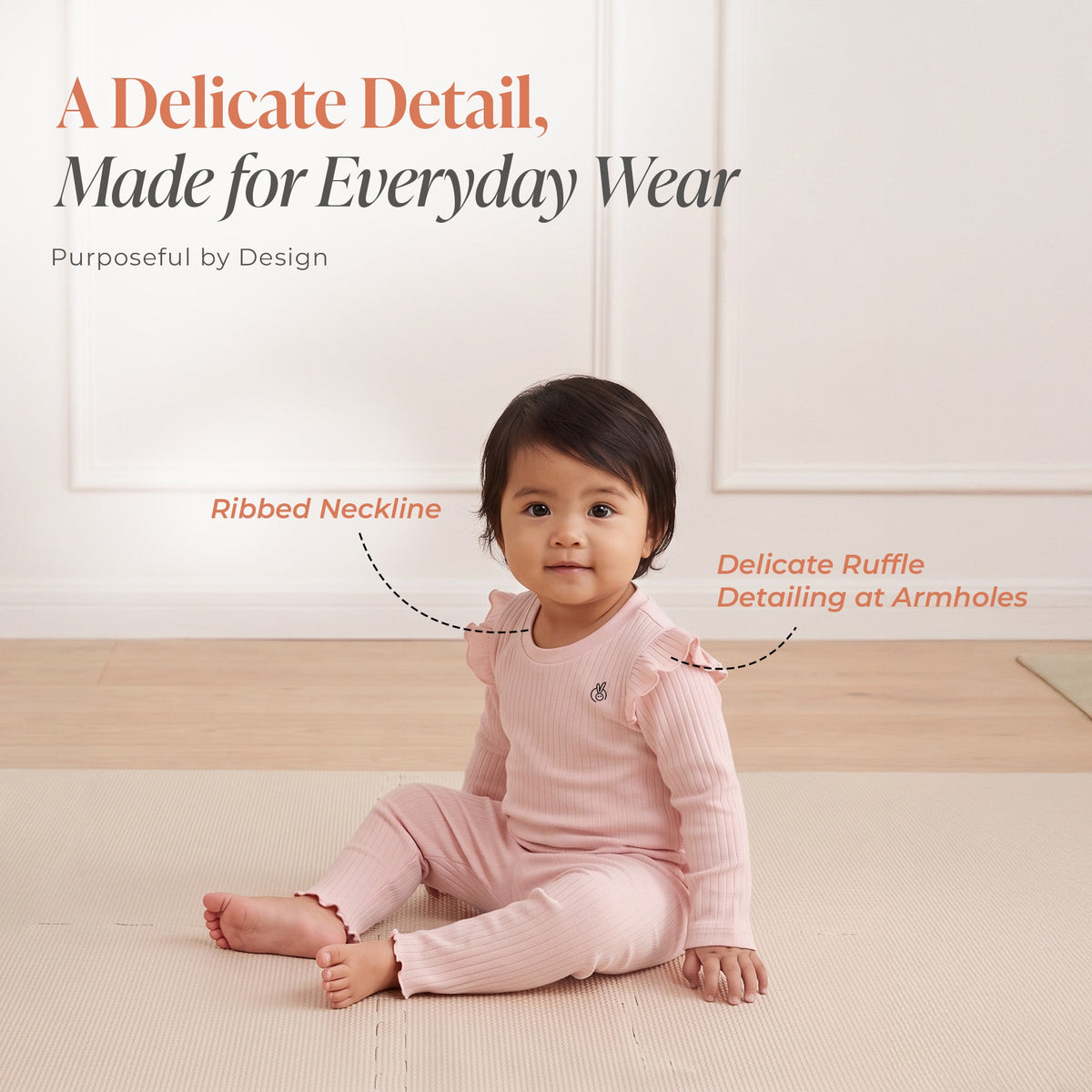Cotton Drop Needle Full Sleeve Ruffled Top & Bottom Set Veiled Pink 0-2 Years