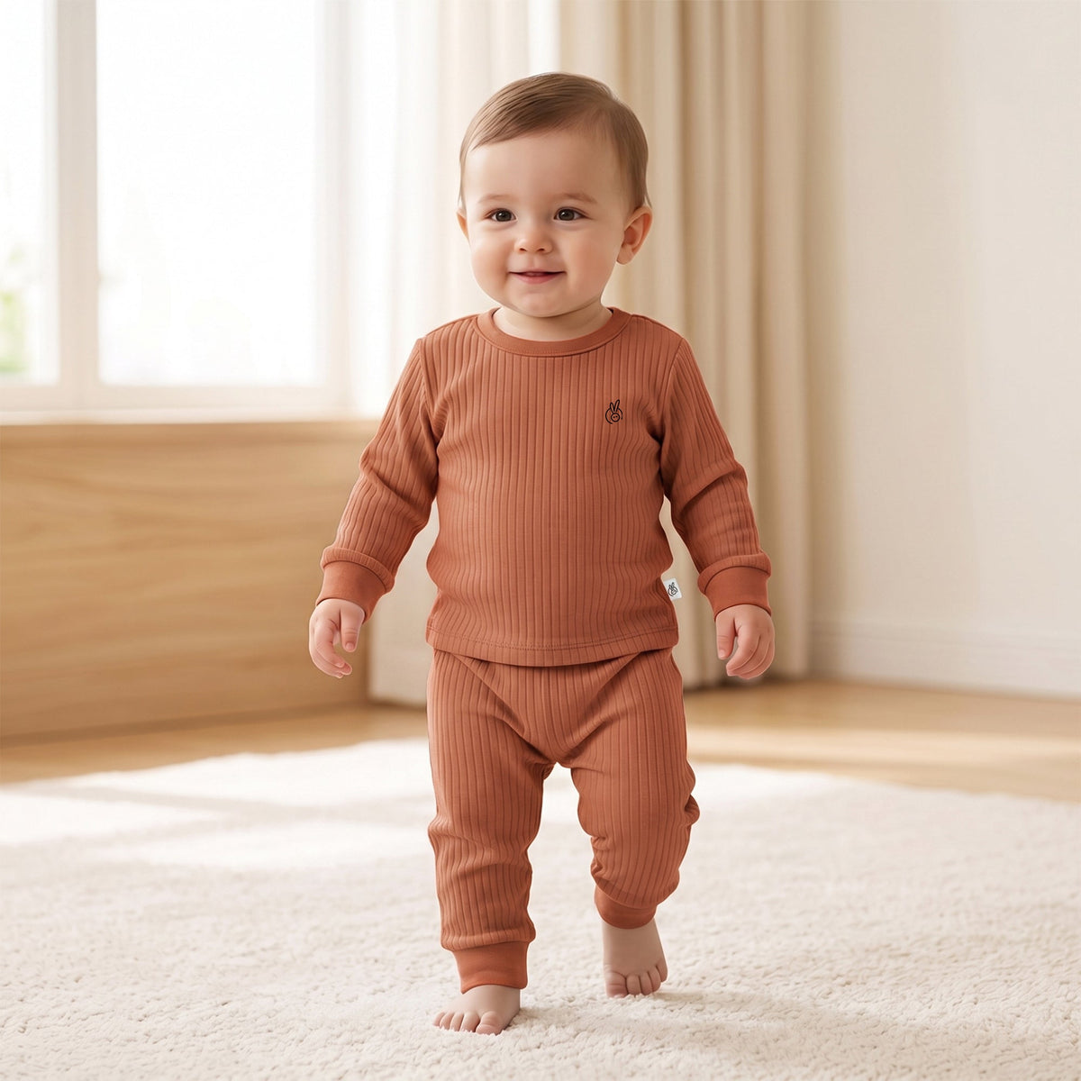 Cotton Drop Needle Full Sleeve Top & Bottom Set Baked Clay 0-2 Years 