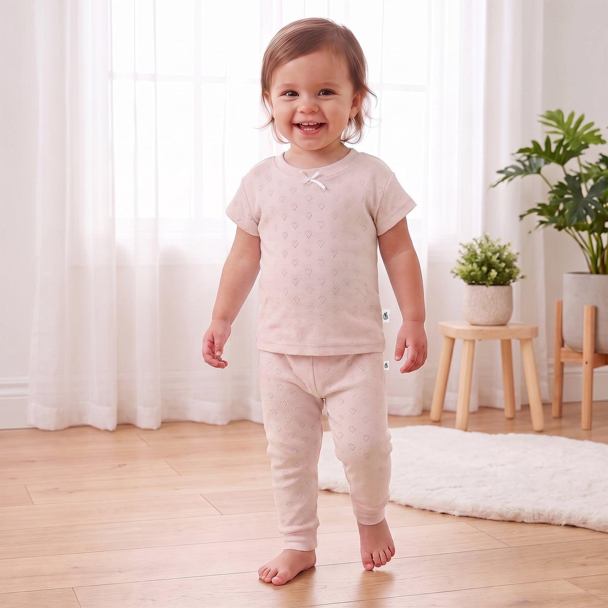 Mushmellow Peach Dust Cotton Pointelle T Shirt & Bottom 2-Piece Set 